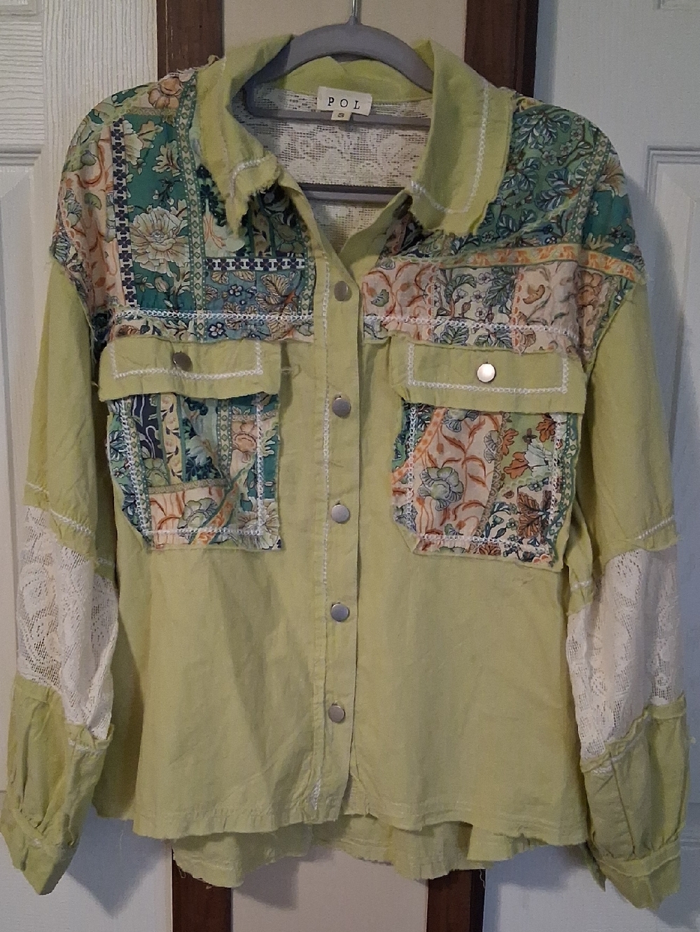 POL Patchwork Floral/Lace Button-Up Shirt Jacket in Lime & Teal